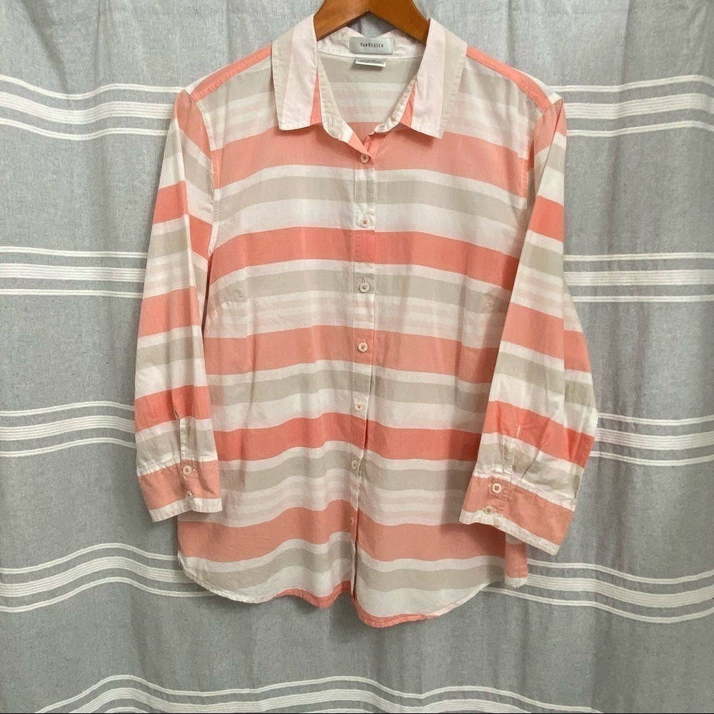 VAN HEUSEN / Peach and White Striped 3/4 Sleeve‎ Button Down Blouse Size XL